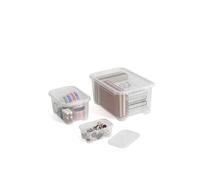 Keter Lot de 10 boîtes de rangement en plastique avec couvercle en T, transparentes, idéales comme rangement, adaptées pour placards, garages et bureau, tailles mixtes