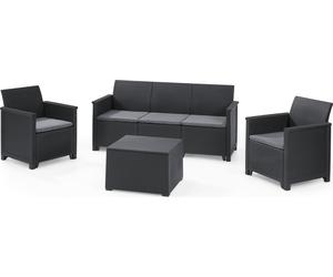 Keter Lounge Set Emma 9 pièces - graphite , 2 fauteuils + canapé 3 places + 1 table avec fonction coffre + 5 coussins d'assise