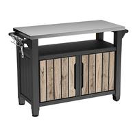 Keter Table de barbecue Unity XL | Table de service aspect bois de pin | 298 litres | avec plateau en acier inoxydable, portes, surface de rangement, suspensions, porte-rouleau d'essuie-tout de