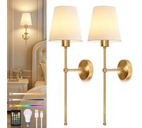 Ketom Lot de 2 Applique Murale Intérieure Rechargeable, RGB Dimmable, Doré | Lampe Murale Sans Fil avec Ampoule Rechargeable et Télécommande, Applique Sans Fil Vintage avec Abat-jour en Tissu Blanc