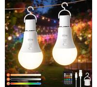 Ketom Lot de 2 RGB Ampoules Rechargeables, Contrôle des Boutons | Ampoule Sans Fil E27 avec Télécommande, 3 Températures de Couleur, 7W Dimmable, Ampoule LED Rechargeable USB avec Minuterie