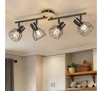 Ketom Plafonnier 4 Spot Noir, Luminaire Cuisine Plafond Bois, Sans Ampoules | Plafonnier Orientable E14, Applique Murale 4 Spot avec Grille Métallique, pour Interieur, Cuisine, Chambre, Salon