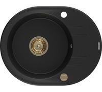 Kevin granite évier 1 avec égouttoir 586x458 mm, noir, + siphon doré (6517581005-77-G)