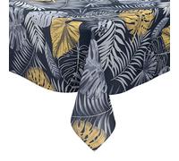 KEVKUS P8184-2 Nappe en toile cirée gaufrée Motif palmiers Monstera Bleu marine et doré au choix - Rectangulaire, ronde et ovale - Taille ovale 140 x 180 cm - Bord coupé