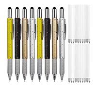 KEWAYO Lot de 8 stylos multifonctions 6 en 1, avec 10 recharges bleues / 10 recharges noires remplaçables, avec stylet tactile supérieur, règle cm/pouces, niveau à bulle, tournevis, pour hommes et