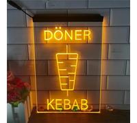 KEYQEEN Doner Kebab Enseigne au néon LED, néons 3D pour Restaurant de Magasin de Kebab pour la décoration Murale, Panneau Lumineux alimenté par USB,Jaune,30x20cm