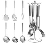 Kezidhp Ustensiles de Cuisine Inox 7 Pièces, Set Accessoire Cuisine avec Support (Louche, Écumoire, Spatule, Pelle à Tarte, Fourchette, Cuillère à Riz), Lavable au Lave-Vaisselle