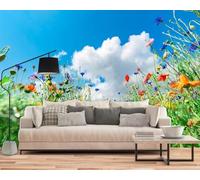 kfjhgbdshhj intissé motif ciel et prairie fleuris, paysage de fleurs sauvages colorées, style moderne, pour salon, chambre ou chambre d'enfant, 300 cm x 210 cm.