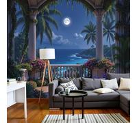 kfjhgbdshhj Papier peint photo effet 3D, architecture européenne, poster intissé, arche, vue sur mer, format XL, bleu, pour salon ou chambre, 300 cm x 210 cm, stickers, sans cadre, poster