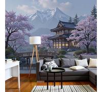 kfjhgbdshhj Papier peint photo effet 3D, jardin japonais, montagnes enneigées, rose, pour salon ou chambre, 250 x 175 cm, stickers, sans cadre, poster