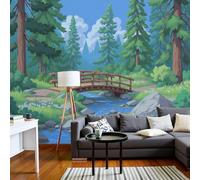 kfjhgbdshhj Papier peint photo effet 3D, motif simple pin, pont en bois, intissé, forêt, style dessin animé, format XL, vert, pour salon ou chambre, 200 x 140 cm, stickers, sans cadre, poster