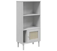 KGFHERENB Bibliothèque blanche avec porte en rotin 60 x 35 x 130 cm en pin | Bibliothèque élégante au design bohème avec vernis UV et compartiment pour classeurs dans le salon ou le couloir.