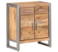 KGFHERENB Buffet en bois de manguier brut 60 x 35 x 72 cm | Commode industrielle pour salon et couloir avec 2 tiroirs, 2 portes et structure en fer gris sans montage.