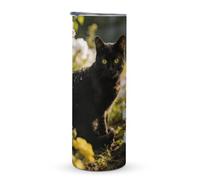 KHAUERBC Tasse à café de voyage à double couche isotherme en acier inoxydable avec poignée de jardin, motif chat noir dans le jardin fleuri, 600 ml, convient pour les porte-gobelets de véhicule