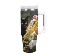 KHAUERBC Tasse à café de voyage en acier inoxydable avec couvercle et paille - Grande capacité - Avec poignée - Motif chat noir dans le jardin fleuri - 1,2 l