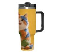 KHAUERBC Tasse à café de voyage en acier inoxydable avec couvercle et paille - Grande capacité - Double paroi sous vide - Motif chat coloré et drapeau national - 1,2 l