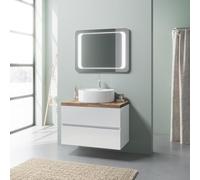 Kiamami Valentina - Armoire de Salle de Bains Murale Blanche Brillante de 80 cm avec Plan en chêne, lavabo et Miroir LED 80x60