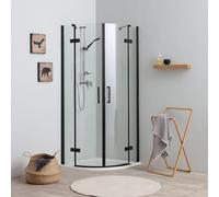 Kiamami Valentina - Cabine de douche d'angle semi-circulaire 90x90 noire sans cadre avec ouverture à charnière | London
