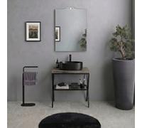 Kiamami Valentina - Chevalet en métal noir avec étagère en verre 60cm, plateau chêne fossilisé, miroir simple 60x80 et lampe, pour salle de bain moderne Manchester