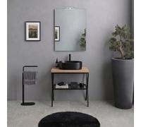 Kiamami Valentina - Chevalet métallique noir avec étagère en verre 60cm, plateau chêne naturel, miroir 60x80 et lampe LED, style industriel Manchester