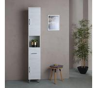 Kiamami Valentina colonne de salle de bain chêne blanc 2 portes 1 tiroir | Dimensions 190x31,5x33,5 cm, bois mélaminé, niche ouverte, réversible, pieds et poignées chromés