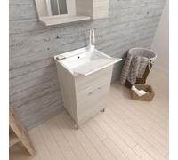 Kiamami Valentina - Meuble de buanderie 45cm avec 1 porte effet bois gris et cuve avec planche amovible | Pratico