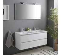Kiamami Valentina - Meuble de Salle de Bain 120cm Blanc Brillant, tiroirs et Double Vasque, Miroir et 2 Lampes | Benaco