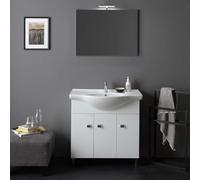 Kiamami Valentina meuble de salle de bain 85 cm 3 portes blanc brillant | Avec lavabo en céramique, miroir 80x60 cm avec lampe LED, pieds chromés réglables, style moderne