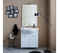 Kiamami Valentina Meuble de Salle de Bain au Sol 75 cm Blanc avec lavabo | 2 portes, lavabo en céramique, miroir 70x100 cm avec lampe LED, h 190 cm, prof. 32 cm, poignées chromées