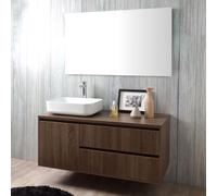 Kiamami Valentina - Meuble de Salle de Bain Suspendu 120cm, Porte et 2 tiroirs en Noyer foncé, lavabo à Poser et Miroir 120x70 | Siena