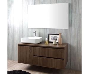 Kiamami Valentina - Meuble de Salle de Bain Suspendu 120cm, Porte et 2 tiroirs en Noyer foncé, lavabo à Poser et Miroir 120x70 | Siena