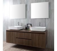 Kiamami Valentina - Meuble de Salle de Bain Suspendu 150cm Noyer foncé 2 lavabos à Poser et 2 miroirs | Siena