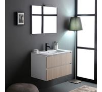 Kiamami Valentina - Meuble de Salle de Bains cannage Blanc et chêne 80cm, lavabo et Miroir 80x60 | Bilbao