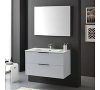 Kiamami Valentina - Meuble de Salle de Bains Suspendu 90 cm Blanc Brillant avec poignées Noires, lavabo en résine et Miroir | Parigi