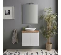 Kiamami Valentina meuble lavabo suspendu 60 cm blanc brillant, dessus chêne | 2 portes, structure en bois mélaminé, miroir 60x80 cm avec lampe LED, collection Benaco, installation suspendue