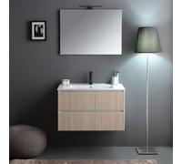 Kiamami Valentina Meuble Salle de Bain Suspendu 100 cm 2 tiroirs Bilbao | Blanc avec façade chêne, lavabo céramique, miroir 100x60 cm, soft close, design moderne