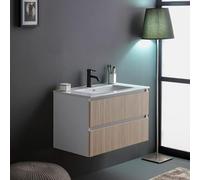 Kiamami Valentina meuble salle de bain suspendu 100 cm 2 tiroirs blanc | Avec lavabo en céramique, façade MDF rainurée, 100x46x53 cm, déjà monté, collection Bilbao