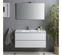 Kiamami Valentina Meuble Salle de Bain Suspendu 100 cm Blanc Brillant avec | Lavabo en céramique, miroir 100x60 cm inclus, deux tiroirs à ouverture à gorge, fermeture amortie