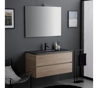Kiamami Valentina meuble salle de bain suspendu 100 cm chêne vasque noire | 2 tiroirs, vasque en céramique noire mate, miroir 100x70 cm avec LED, bois mélaminé, modèle Berlin
