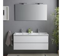Kiamami Valentina - Meuble de Salle de Bain 120cm Blanc Brillant, tiroirs et Double Vasque, Miroir et 2 Lampes | Benaco