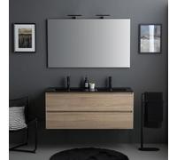 Meuble salle de bains suspendu 120cm chêne avec lavabo noir, miroir et lampe | Berlin