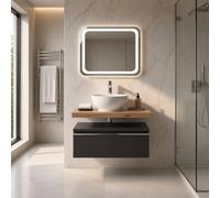 Kiamami Valentina - Meuble Salle de Bain Suspendu 60 cm avec tiroir Effet Lin, Plan chêne Naturel et Vasque à Poser Ronde, idéal pour Salle de Bain Moderne ou d'appoint