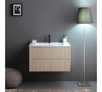 Kiamami Valentina meuble salle de bain suspendu 80 cm 2 tiroirs chêne | Structure blanche mélaminée, façade MDF rainurée chêne, lavabo céramique inclus, 80x46x190 cm