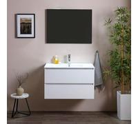 Kiamami Valentina Meuble Salle de Bain Suspendu 80 cm Blanc Bois 2 tiroirs
