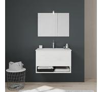 Kiamami Valentina meuble salle de bain suspendu Venezia 80 cm tiroir et | Chêne blanc effet bois, lavabo céramique, miroir 60x80 cm, fermeture douce, FSC, profondeur 46,5 cm