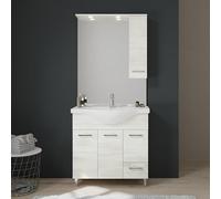 Kiamami Valentina - Mueble de baño de 85 cm en Roble Blanco Con puertas, cajón, Espejo y armario colgante de la Serie Rimini.