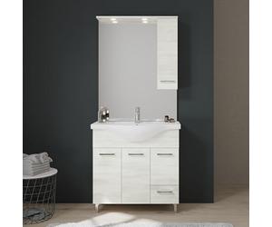Kiamami Valentina - Mueble de baño de 85 cm en Roble Blanco Con puertas, cajón, Espejo y armario colgante de la Serie Rimini.