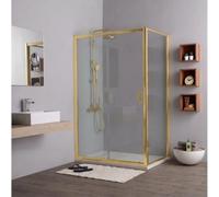 Kiamami Valentina - Porte de douche dorée brossée avec 1 porte fixe et 1 coulissante de 110 cm plus côté fixe 70 cm City, verre trempé 6 mm, installation réversible, pour receveur de douche ou
