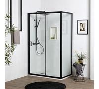 PORTE DE DOUCHE NICHE NOIR MAT AVEC 1 PORTE FIXE ET 1 PORTE COULISSANTE DE 100 CM + PAROI FIXE L: 80 CM H: 190 CM VERRE TRANSPARENT CITY