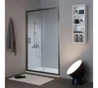 Kiamami Valentina - Porte de douche niche 140 cm avec 1 panneau fixe et 1 coulissant, verre trempé 6 mm, profil gun metal, installation réversible, City